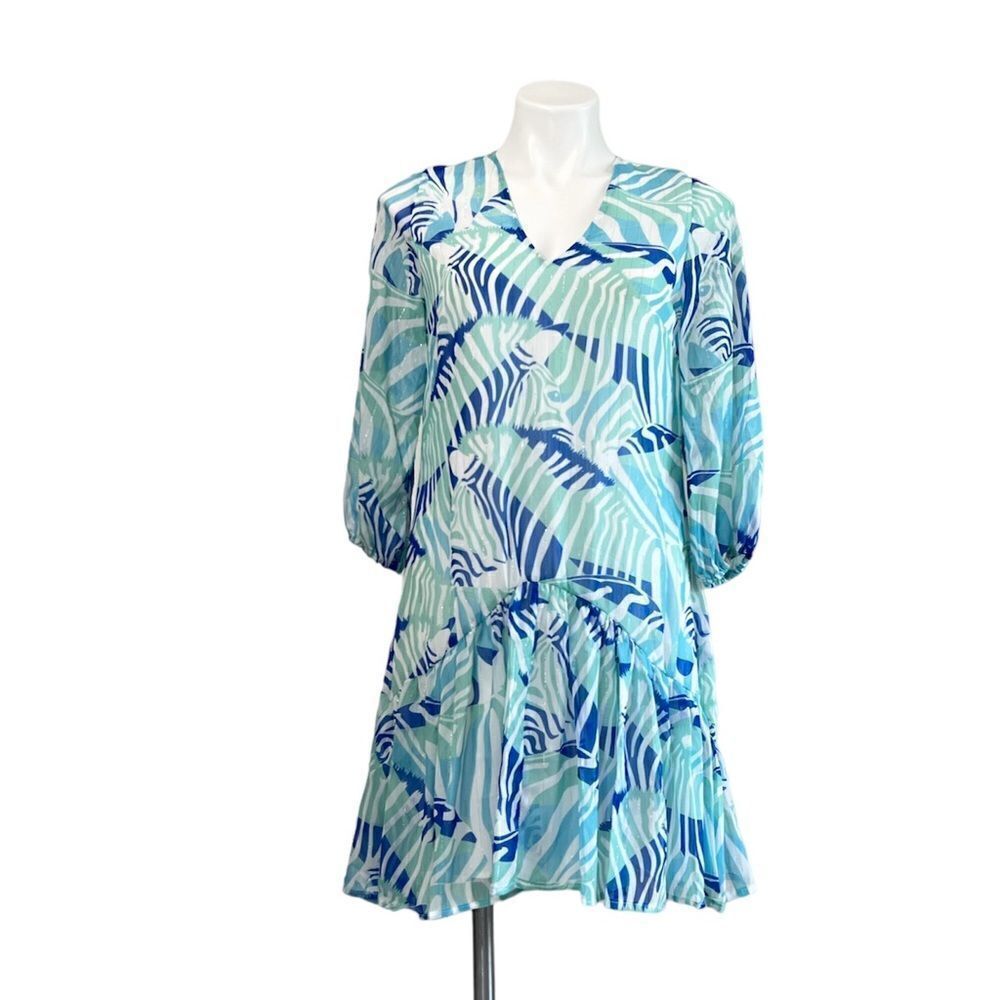 Vilagallo Blue V Neck 3/4 Sleeve Mini Dress New Size 38